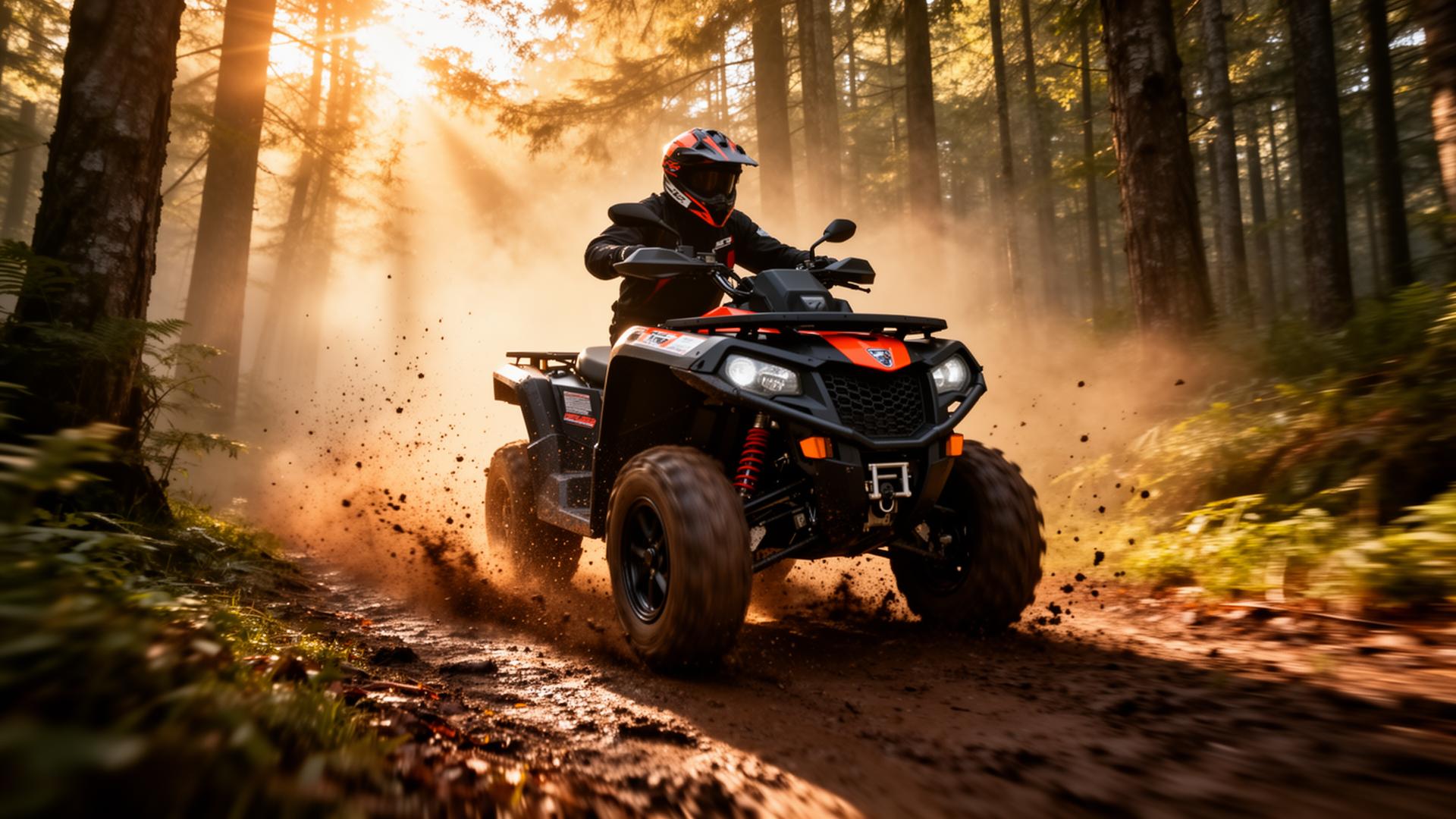 Quad w lesie o zachodzie słońca
